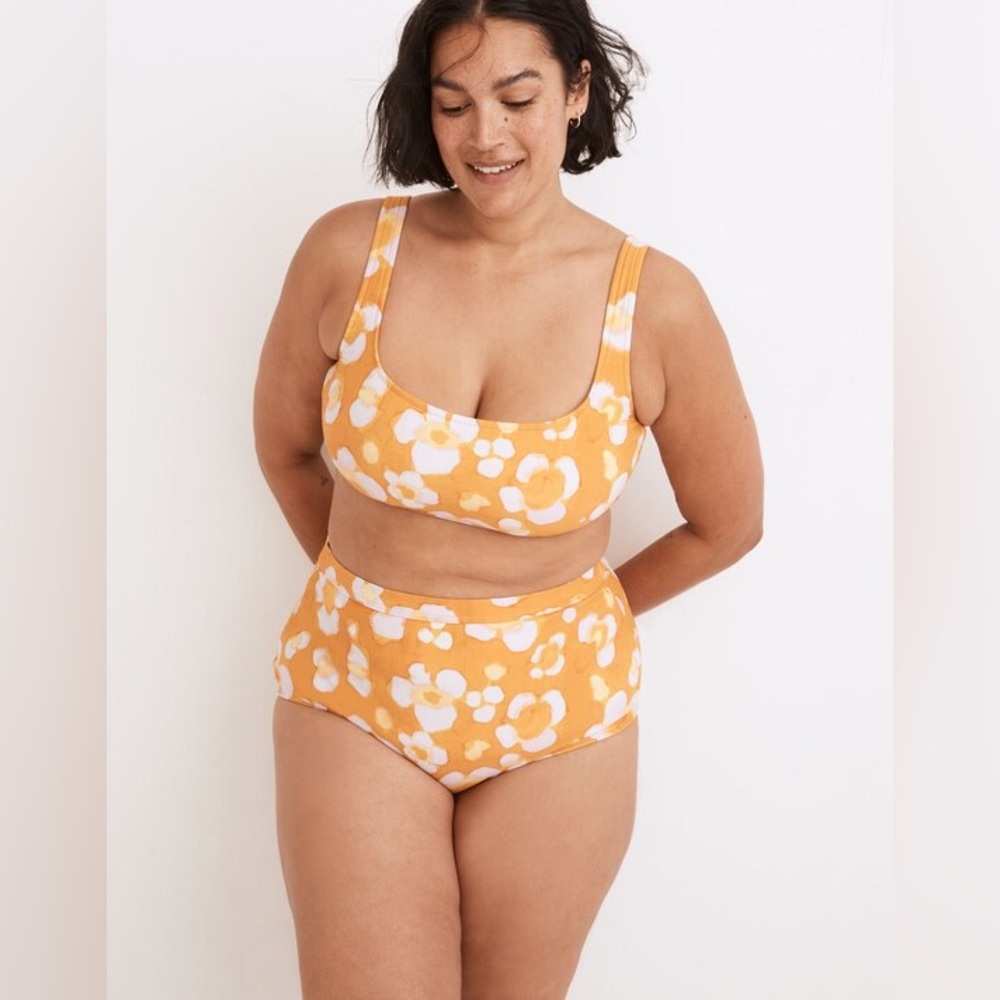 NWT Madewell Retro High-Waisted Bikini Bottom - Orange Gold Watercolor Floral XL
